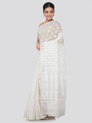 White Hand Woven Pure Cotton Saree Without Blouse 2