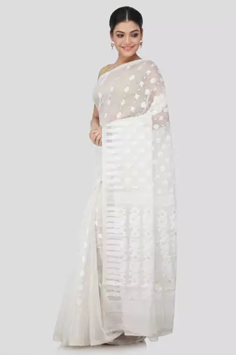 White Hand Woven Pure Cotton Saree Without Blouse