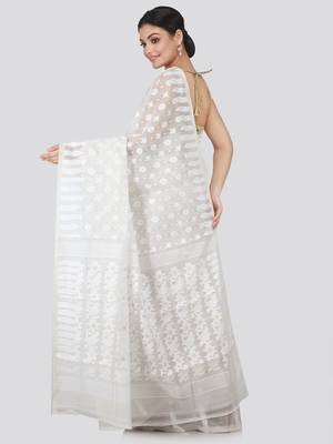 White Hand Woven Pure Cotton Saree Without Blouse 3