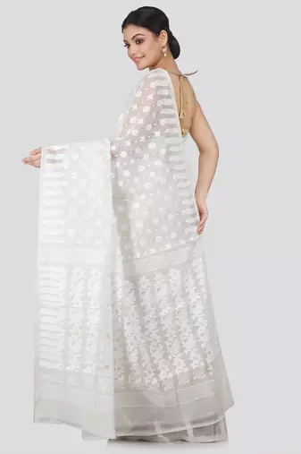 White Hand Woven Pure Cotton Saree Without Blouse