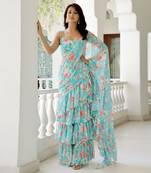 ready to wear blue georgette lily floral printed ruffled party wear saree