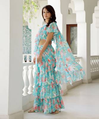 ready to wear blue georgette lily floral printed ruffled party wear saree 3