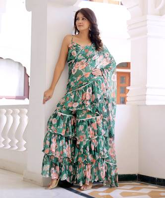pre-stitched green lily floral draped saree 1