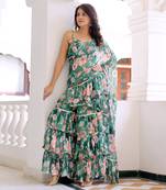 ready to wear green lily floral draped saree
