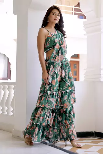 pre-stitched green lily floral draped saree