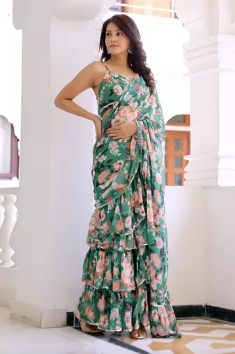pre-stitched green lily floral draped saree