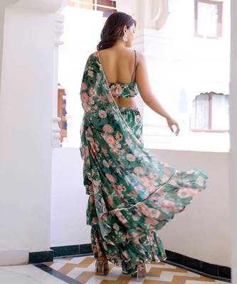 pre-stitched green lily floral draped saree 5