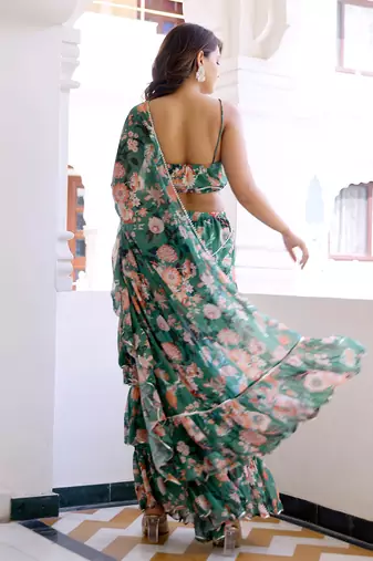 pre-stitched green lily floral draped saree