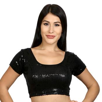 Womens Black Sequinned Designer  Short Sleeves Readymade Saree Blouse 1