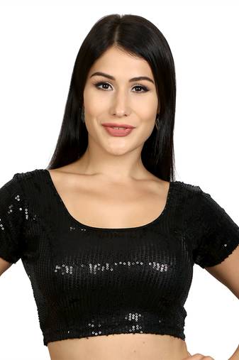 Womens Black Sequinned Designer  Short Sleeves Readymade Saree Blouse