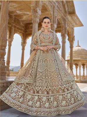 CHIKU COLOR DESIGNER FANCY WEDDING PARTY WEAR LONG ANARKALI SALWAR SUIT IN NET FABRIC SEMI STITCHED MATERIAL 1