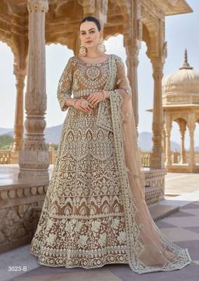 CHIKU COLOR DESIGNER FANCY WEDDING PARTY WEAR LONG ANARKALI SALWAR SUIT IN NET FABRIC SEMI STITCHED MATERIAL 2
