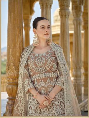 CHIKU COLOR DESIGNER FANCY WEDDING PARTY WEAR LONG ANARKALI SALWAR SUIT IN NET FABRIC SEMI STITCHED MATERIAL 3