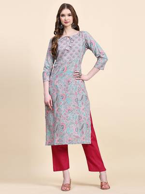 Grey floral printed cotton straight kurti 1
