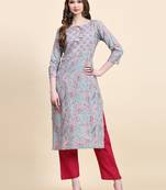 Grey floral printed cotton straight kurti