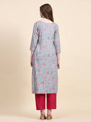Grey floral printed cotton straight kurti 2