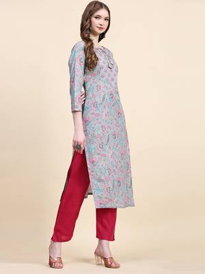 Grey floral printed cotton straight kurti 3