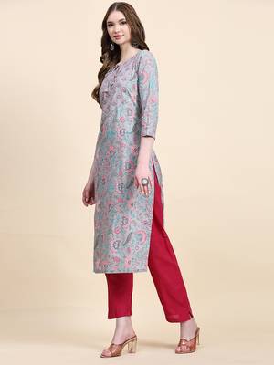 Grey floral printed cotton straight kurti 4