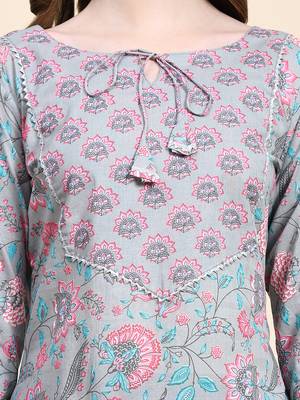 Grey floral printed cotton straight kurti 5