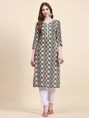Navy blue floral printed cotton straight kurti 1