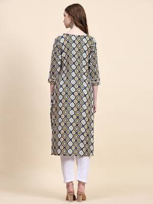 Navy blue floral printed cotton straight kurti 2
