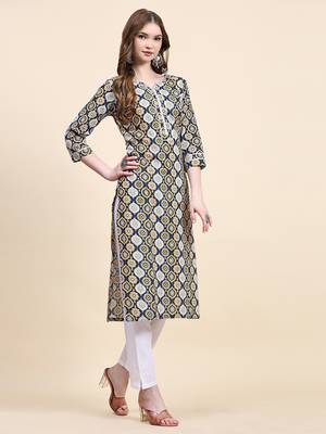 Navy blue floral printed cotton straight kurti 3