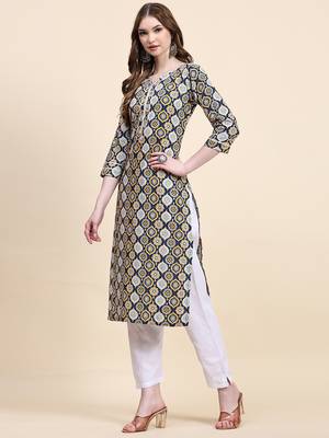 Navy blue floral printed cotton straight kurti 4