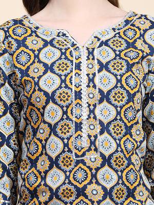 Navy blue floral printed cotton straight kurti 5