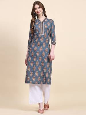 Persian blue floral printed cotton straight kurti 1