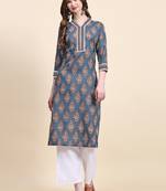 Persian blue floral printed cotton straight kurti