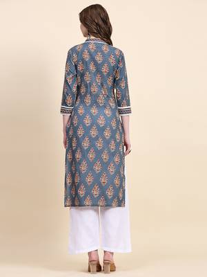 Persian blue floral printed cotton straight kurti 2