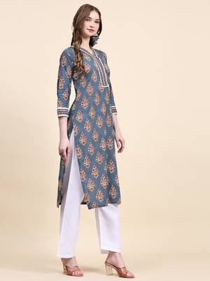 Persian blue floral printed cotton straight kurti 3