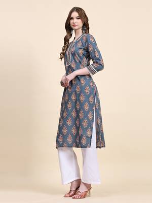 Persian blue floral printed cotton straight kurti 4