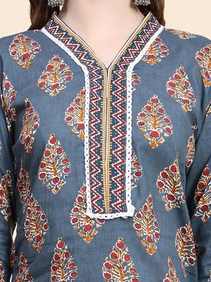 Persian blue floral printed cotton straight kurti 5