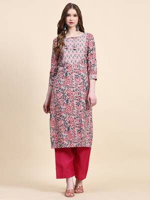 Peach floral printed cotton straight kurti 1