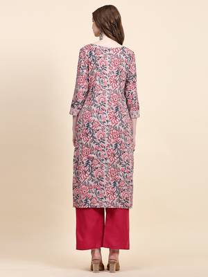 Peach floral printed cotton straight kurti 2
