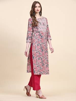 Peach floral printed cotton straight kurti 3