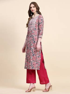 Peach floral printed cotton straight kurti 4