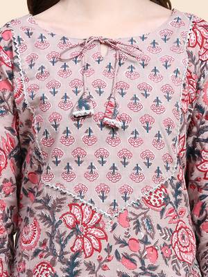 Peach floral printed cotton straight kurti 5