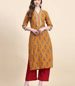 Mustard floral printed cotton straight kurti