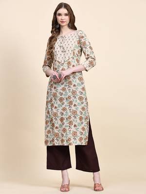 Beige floral printed cotton straight kurti 1