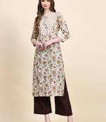 Beige floral printed cotton straight kurti