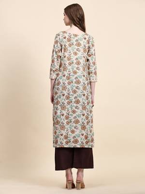 Beige floral printed cotton straight kurti 2