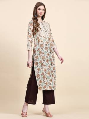 Beige floral printed cotton straight kurti 3