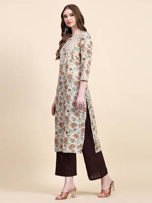 Beige floral printed cotton straight kurti 4