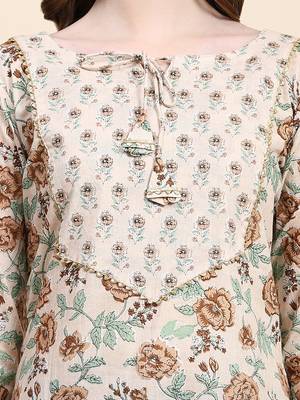 Beige floral printed cotton straight kurti 5