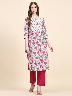 White floral printed cotton straight kurti 1