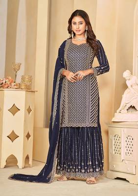 Navy blue embroidered faux georgette salwar suit 1