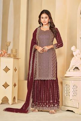Maroon embroidered faux georgette salwar suit 1