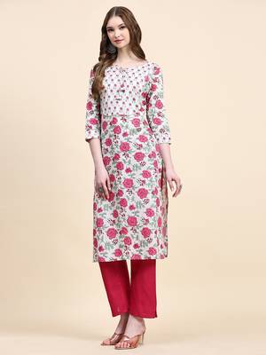 White floral printed cotton straight kurti 4